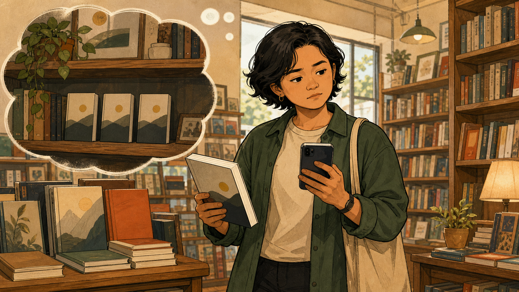 คนกำลังถือหนังสือและโทรศัพท์อยู่ในร้านหนังสือ พร้อมกรอบความคิดที่เห็นหนังสือเล่มเดิมซ้ำกัน